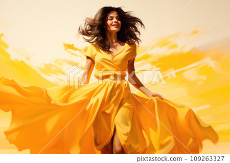 Happy young woman in yellow dress dancing Happy young woman in yellow dress dancing 109263327