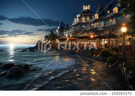 Exterior of a hotel by the sea at night Exterior of a hotel by the sea at night 109263372