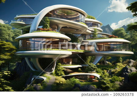 Exterior of the house of the future in harmony with nature 109263378