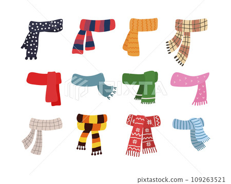Set of scarves for boys and girls in cold weather. Stylish scarves on white background. Clothes for winter and autumn. Blue, red, green, yellow, brown, white and striped scarves. 109263521