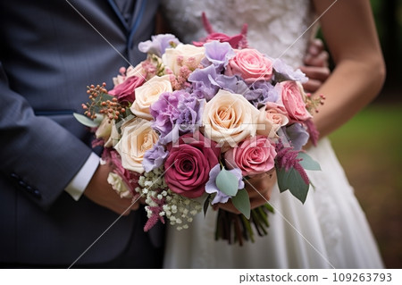 Bouquet of flowers in the hands of the bride with the groom 109263793