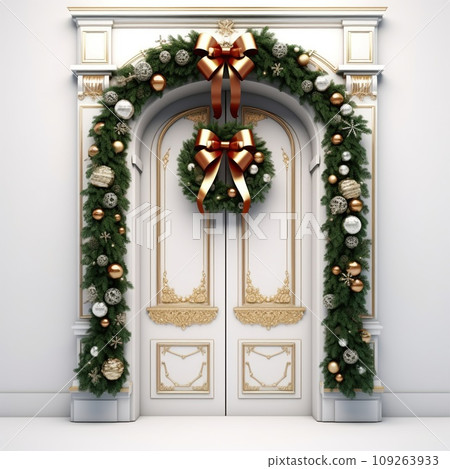 A wooden door decorated for Christmas isolated on white background. A wooden door decorated for Christmas isolated on white background. 109263933
