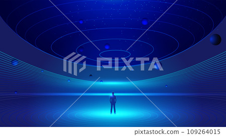 壹個商人站在展廳觀望宇宙星球科技矢量背景 109264015