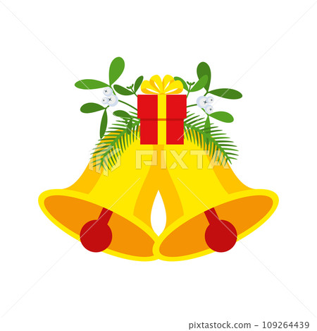 Two Christmas bells with gift box and floral garland. Two Christmas bells with gift box and floral garland. 109264439