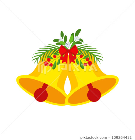 Two Christmas bells with red bow and leaf decor. 109264451