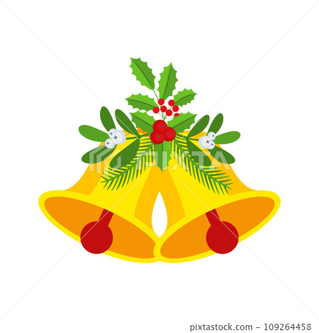 Two Christmas bells with holly berry floral garland. Two Christmas bells with holly berry floral garland. 109264458
