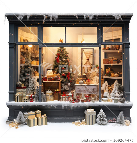 Showcase of shop with Christmas gifts, trees, toys, decorations and garlands 109264475