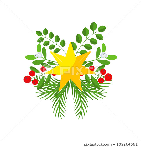 Christmas wreath design element with yellow star. Spruce evergreen branch Christmas wreath design element with yellow star. Spruce evergreen branch 109264561