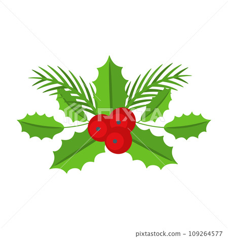Christmas floral border. Spruce evergreen branch, poinsettia and holly berry 109264577