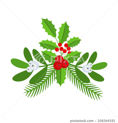 Christmas floral border. Spruce evergreen branch, poinsettia and holly berry Christmas floral border. Spruce evergreen branch, poinsettia and holly berry 109264585