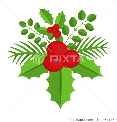 Christmas floral border. Spruce evergreen branch, poinsettia and holly berry Christmas floral border. Spruce evergreen branch, poinsettia and holly berry 109264587