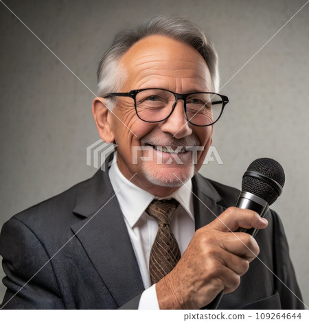 A fat old man with white hair and glasses answers an interview wearing an elegant suit. 109264644