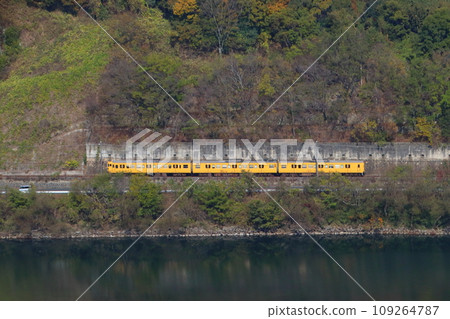 Autumn leaves on Takahashi River and Hakubi Line 115 series train Autumn leaves on Takahashi River and Hakubi Line 115 series train 109264787