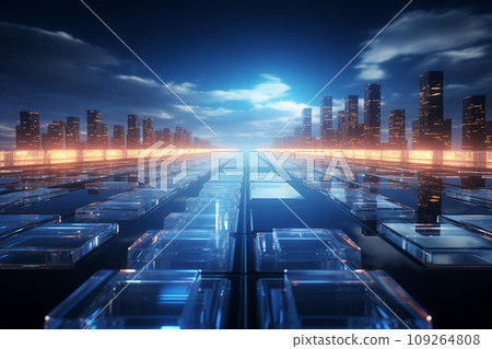 Abstract 3d rendering of chaotic cubes. Futuristic background with glowing cubes. AI Generation. 109264808