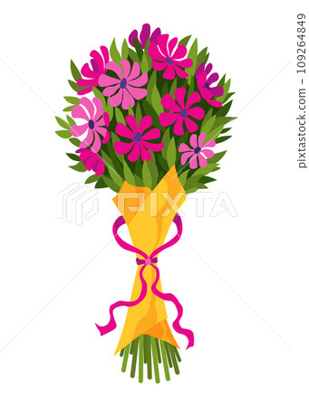 Flower bouquet icon. Cartoon blooming bunch of plants for vase or pots. Colorful meadow greenery, garden flowers. Vector beautiful flat decorative floral bud composition 109264849