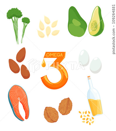 Infographics Foods with the highest content of Omega-3. Healthy heart and cardiovascular system. Healthy lifestyle. Balanced diet. Basics of healthy nutrition. Illustrative scheme 109264881