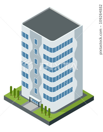 Isometric offices or business center icon. Town apartment building city map creation. Architectural vector 3d illustration. Infographic element. City house composition Isometric offices or business center icon. Town apartment building city map creation. Architectural vector 3d illustration. Infographic element. City house composition 109264882