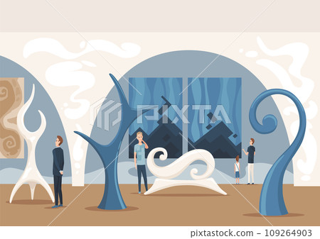 Art gallery with visitors looking at paintings vector flat illustration. People at the exhibition cartoon characters in modern art style Art gallery with visitors looking at paintings vector flat illustration. People at the exhibition cartoon characters in modern art style 109264903