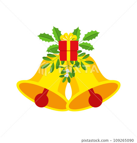 Two Christmas bells with gift box and floral garland. 109265090