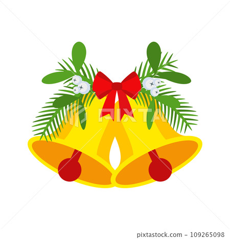Two Christmas bells with red bow and leaf decor. 109265098