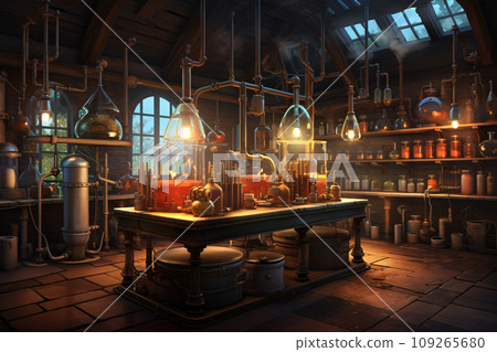 Science Laboratory Scene, Beakers, Flasks, Tubes, and Chemicals Science Laboratory Scene, Beakers, Flasks, Tubes, and Chemicals 109265680
