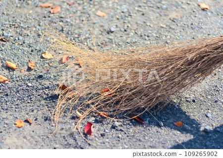 Cleaning the outdoors with a sweeping broom Cleaning the outdoors with a sweeping broom 109265902