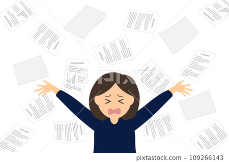 A female office worker has her hands full with a large amount of documents. 109266143