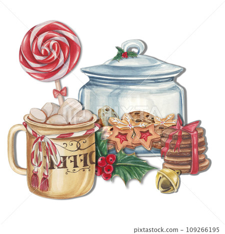 Watercolor illustration of a glass jar with Christmas cookies, a cup of coffee with marshmallows, an apple in glaze Watercolor illustration of a glass jar with Christmas cookies, a cup of coffee with marshmallows, an apple in glaze 109266195