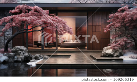 Generative ai illustration of Main entrance door of a modern and minimalist Japanese house Generative ai illustration of Main entrance door of a modern and minimalist Japanese house 109266319