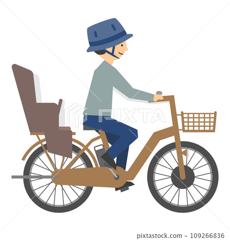 Illustration of a father riding a bicycle with a child seat 109266836