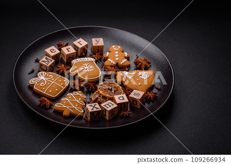 Beautiful Christmas composition with copy space with an inscription in wooden cubes 109266934