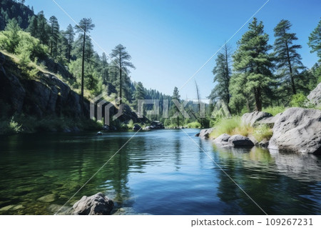 Crystal Clear River Flowing Through a Forested Mountain Valley 109267231