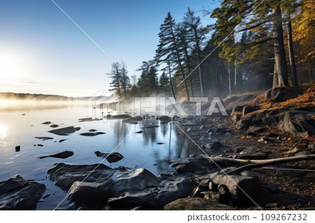 Misty Forest Lake at Sunrise with Reflections and Autumn Foliage 109267232