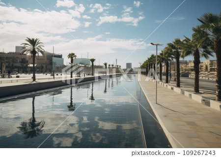 Modern City Promenade with Reflective Water Feature and Palm Trees Modern City Promenade with Reflective Water Feature and Palm Trees 109267243