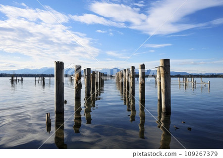 Old Wooden Pier Posts in Calm Lake with Mountain View 109267379