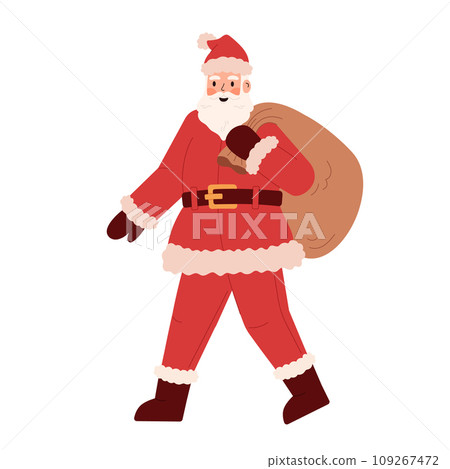 Santa carrying Christmas bag. Christmas character isolated on white background. Santa Claus in a red hat and beard with a bag of gifts. Santa carrying Christmas bag. Christmas character isolated on white background. Santa Claus in a red hat and beard with a bag of gifts. 109267472