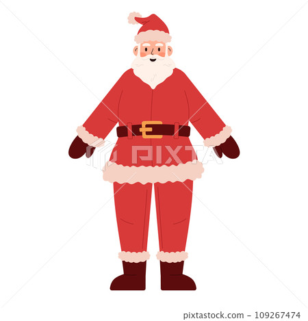 Santa Claus character front view, suitable for animation. Santa in a red suit and hat stands, vector illustration isolated on a white background. 109267474