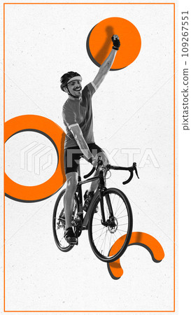 Contemporary art, collage. Confident sportsman fast riding to finish on bicycle in monochrome filter against white background with orange circles. 109267551
