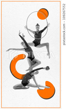 Contemporary art, collage. Flexible young girl, in elegant swimsuit training in black and white filter against white background with orange circles. 109267552