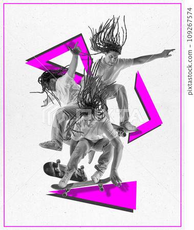 Contemporary art collage. Young man with hairdo hairstyle in monochrome performing Ollie trick against white background with pink figures. Contemporary art collage. Young man with hairdo hairstyle in monochrome performing Ollie trick against white background with pink figures. 109267574