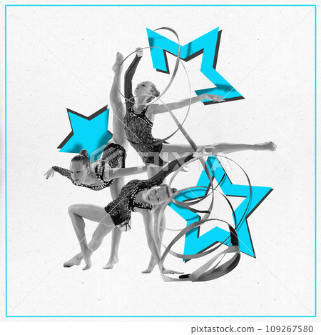 Contemporary art, collage. Flexible girl, in elegant swimsuit performing tricks with ribbon in black and white filter against white background with blue stars. 109267580