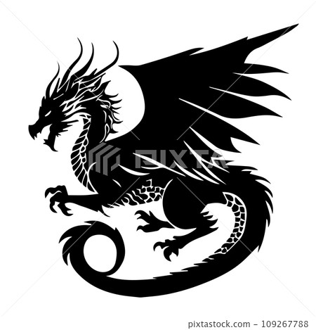 Black silhouette of a dragon on a white background. Vector illustration. Chinese New Year of a Dragon. Black silhouette of a dragon on a white background. Vector illustration. Chinese New Year of a Dragon. 109267788
