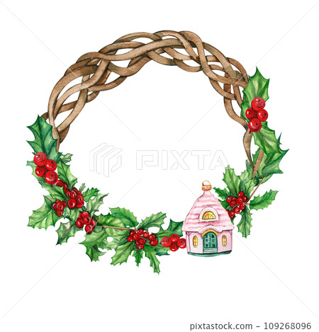 Christmas wreath with fir branches, watercolor illustration for cards, backgrounds, scrapbooking. Hand drawn background with New year plants and berries for your design.Perfect for wedding invitation. Christmas wreath with fir branches, watercolor illustration for cards, backgrounds, scrapbooking. Hand drawn background with New year plants and berries for your design.Perfect for wedding invitation. 109268096
