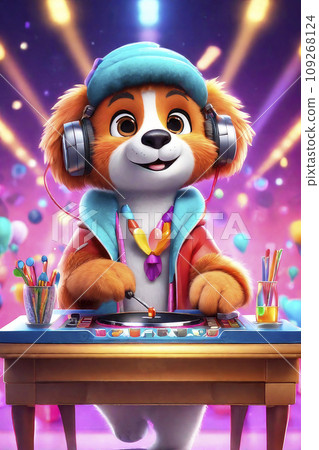 Portrait adorable animal DJ at the disco on headphones with mixing table setup. Cartoon animation character, anime style, 3d illustration. 109268124