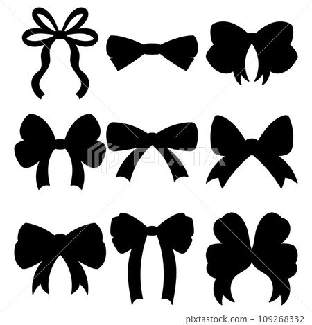 Silhouetted Ribbon Bow Collection in Hand Drawn Flat Style. Black Shapes Ideal for Understated Decorations. A Big Set of Bowties Awaits Your Creative Touch. 109268332