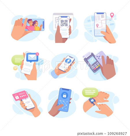 Hand with Smartphone Device Use Different App Vector Set 109268927