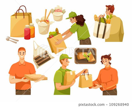 Food Delivery Service with Man Courier Bring Meal from Restaurant Vector Illustration Set Food Delivery Service with Man Courier Bring Meal from Restaurant Vector Illustration Set 109268940