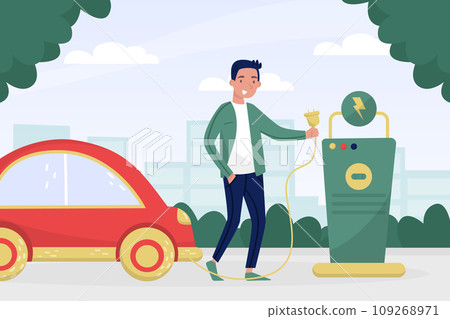 Eco and Nature with Happy Man Character Charging Electric Car with Plug Vector Illustration Eco and Nature with Happy Man Character Charging Electric Car with Plug Vector Illustration 109268971