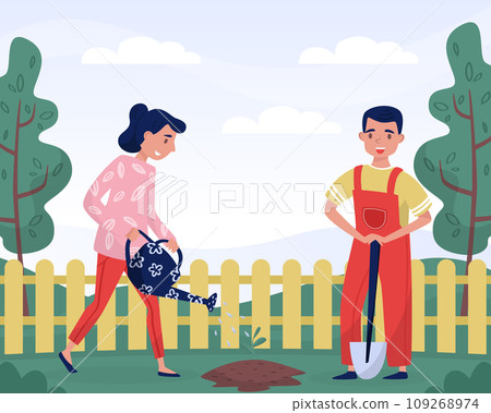 Eco and Nature with Happy Man and Woman Character Planting Vector Illustration 109268974