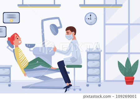 Man Dentist Doctor with Patient in Chair Have Hospital Appointment Vector Illustration Man Dentist Doctor with Patient in Chair Have Hospital Appointment Vector Illustration 109269001
